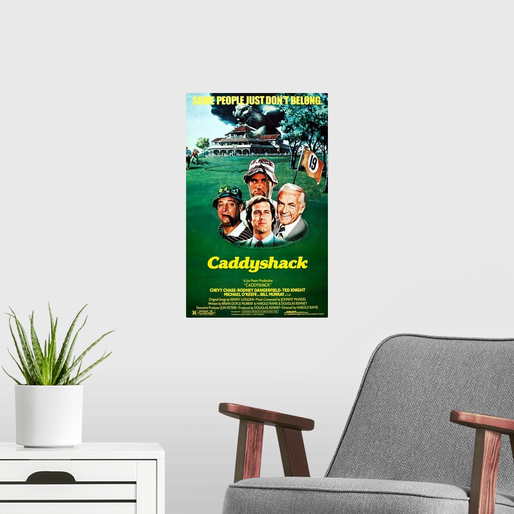 A modern room featuring CADDYSHACK, US poster art, from left: Rodney Dangerfield, Bill Murray, Chevy Chase, Ted Knight, 1...