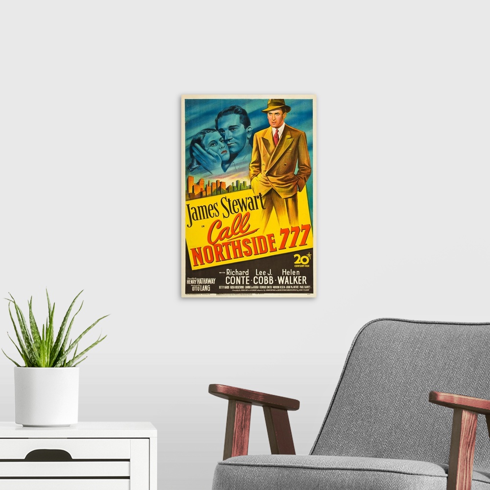 A modern room featuring Call Northside 777 - Vintage Movie Poster