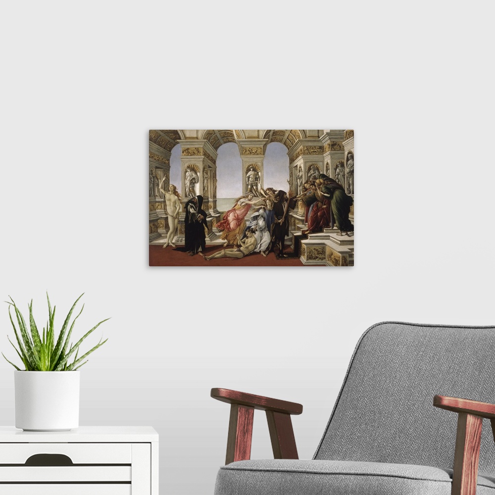 A modern room featuring Calumny (Calunnia), by Sandro Botticelli, 1497, 15th Century, tempera on board