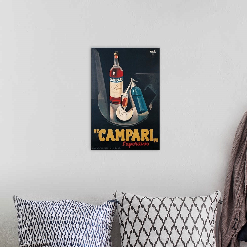 A bohemian room featuring Private Collection. All. Poster advertising Campari aperitif bottle glass soda water black blue r...