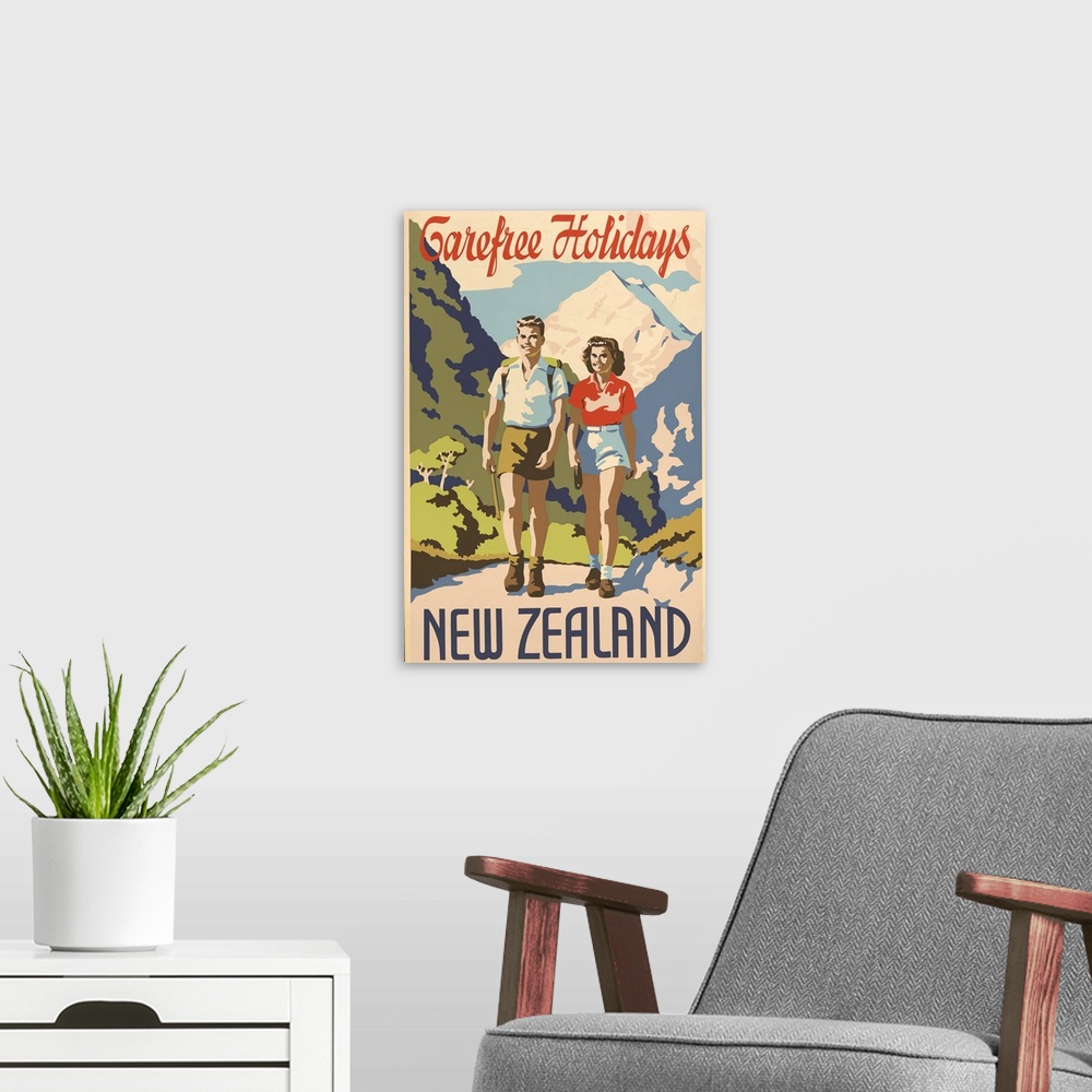 A modern room featuring Carefree holidays New Zealand. 1930's travel poster shows a young man and woman hiking in the mou...