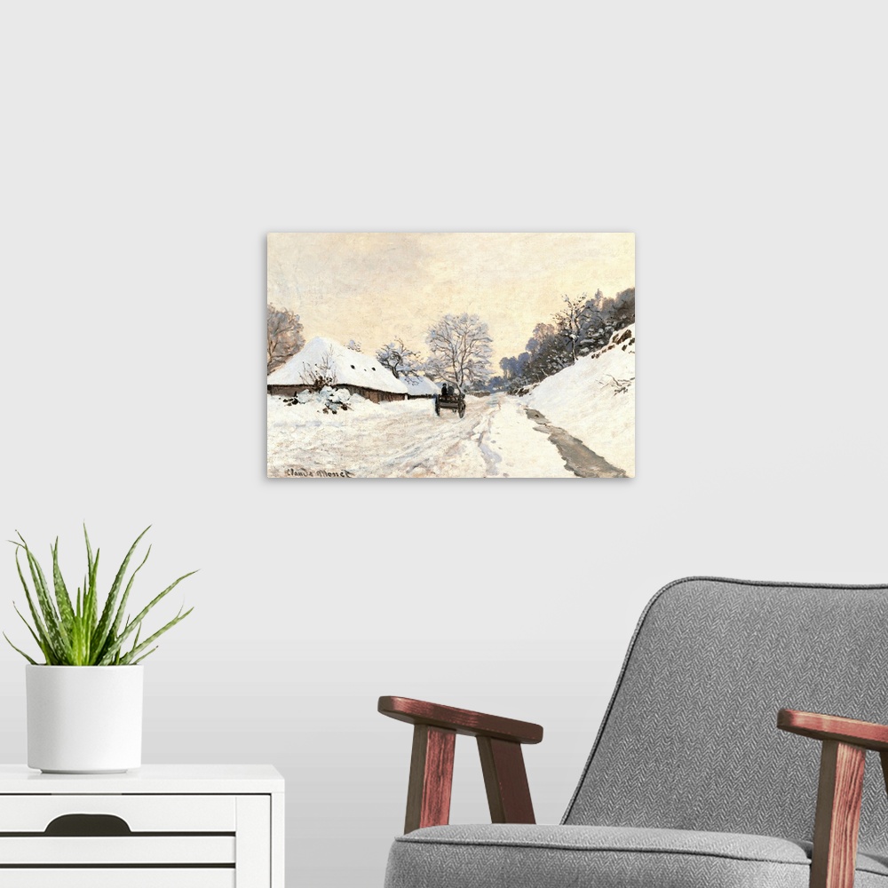 A modern room featuring The Cart. Route in the Snow, near Honfleur, by Claude Monet, 1867 about, 19th Century, oil on can...
