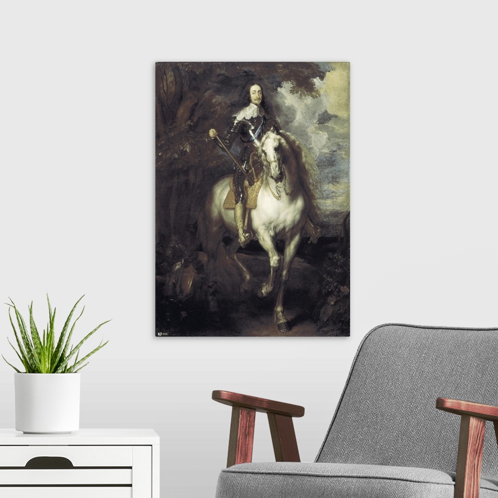A modern room featuring Charles I on horseback. Pupil of Anton Van Dyck