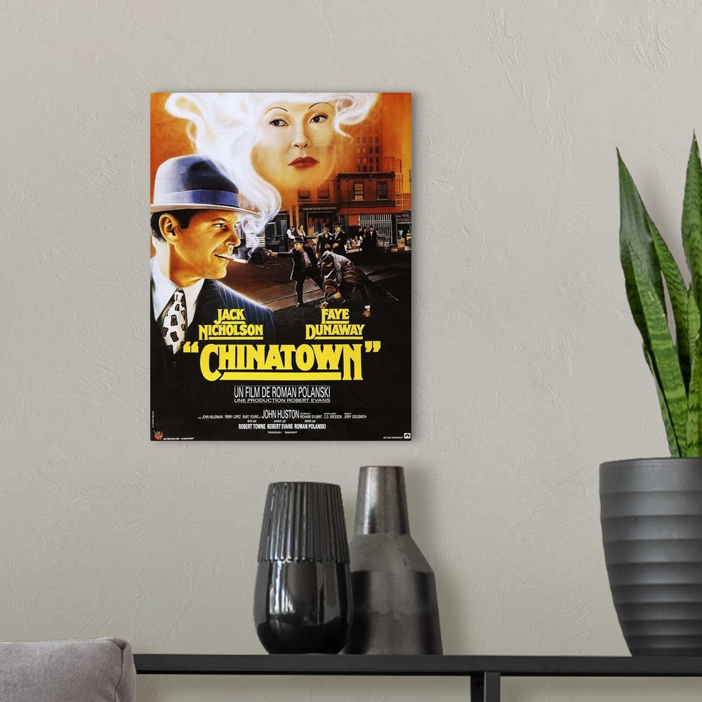 A modern room featuring Chinatown, French Poster Art, Fom Left: Jack Nicholson, Faye Dunaway, 1974.