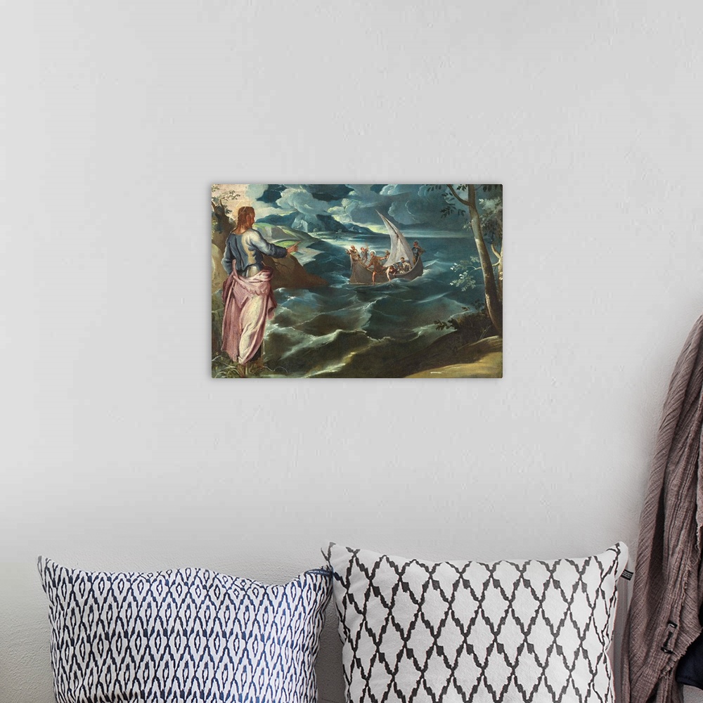 A bohemian room featuring Christ at the Sea of Galilee, by Tintoretto, c. 1575-80, Italian mannerist painting, oil on canva...
