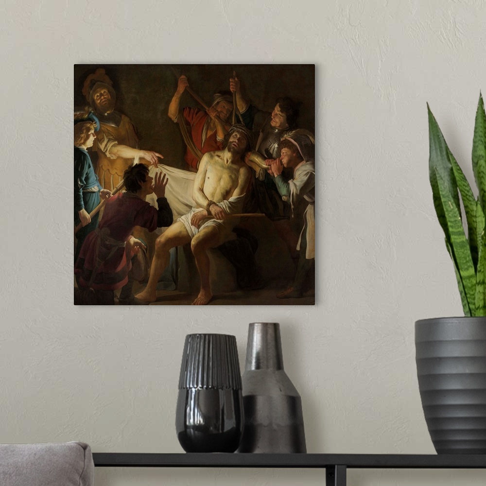 A modern room featuring Christ Crowned with Thorns, by Gerard van Honthorst, c. 1622, Dutch painting, oil on canvas. Mock...