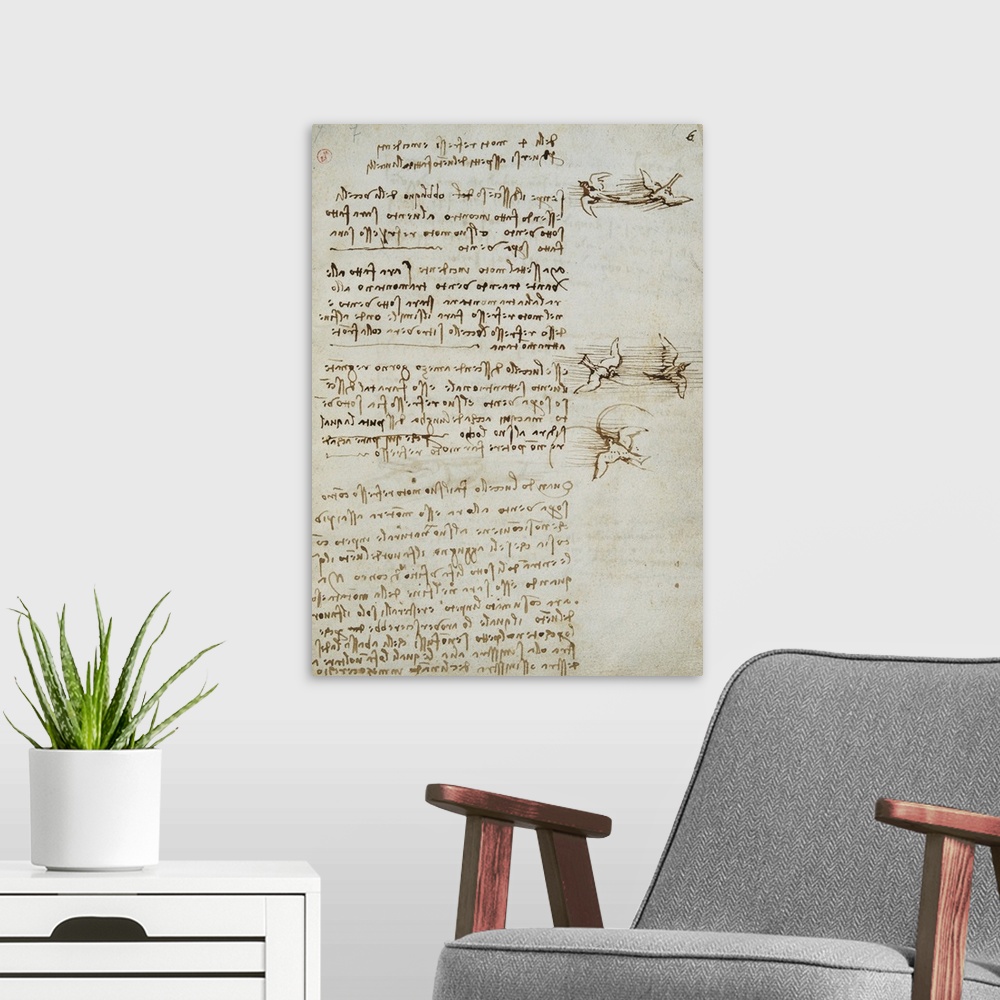 A modern room featuring Codex on the Flight of Birds, by Leonardo da Vinci, 16th Century, 1505 -1506, paper manuscript, m...