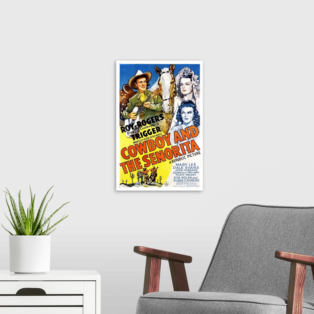 A modern room featuring Cowboy and the Senorita - Vintage Movie Poster