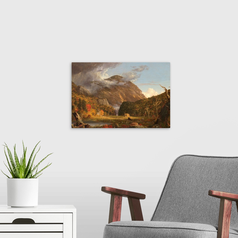 A modern room featuring Crawford Notch, by Thomas Cole, 1839, American painting, oil on canvas. In an idyllic autumnal se...