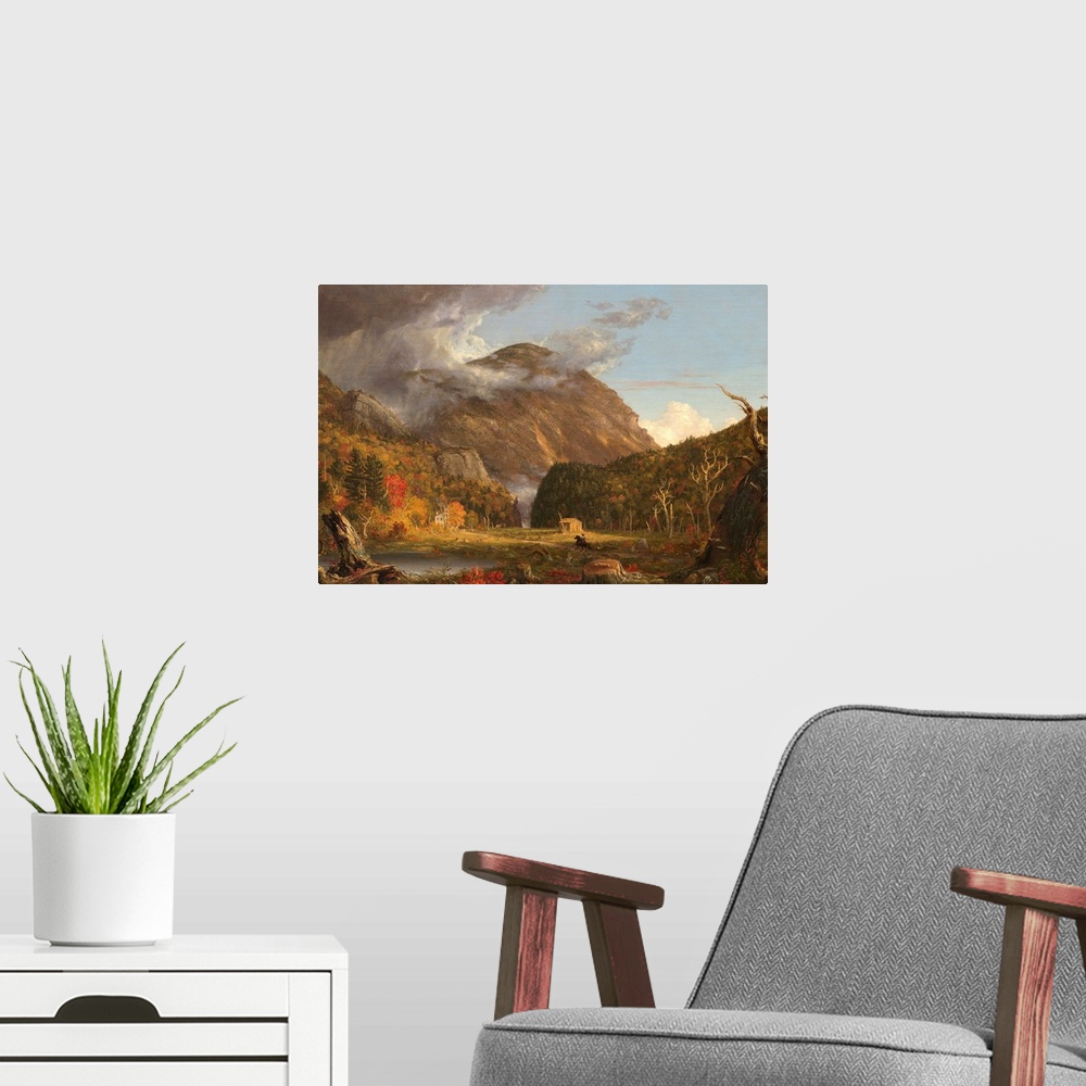 A modern room featuring Crawford Notch, by Thomas Cole, 1839, American painting, oil on canvas. In an idyllic autumnal se...