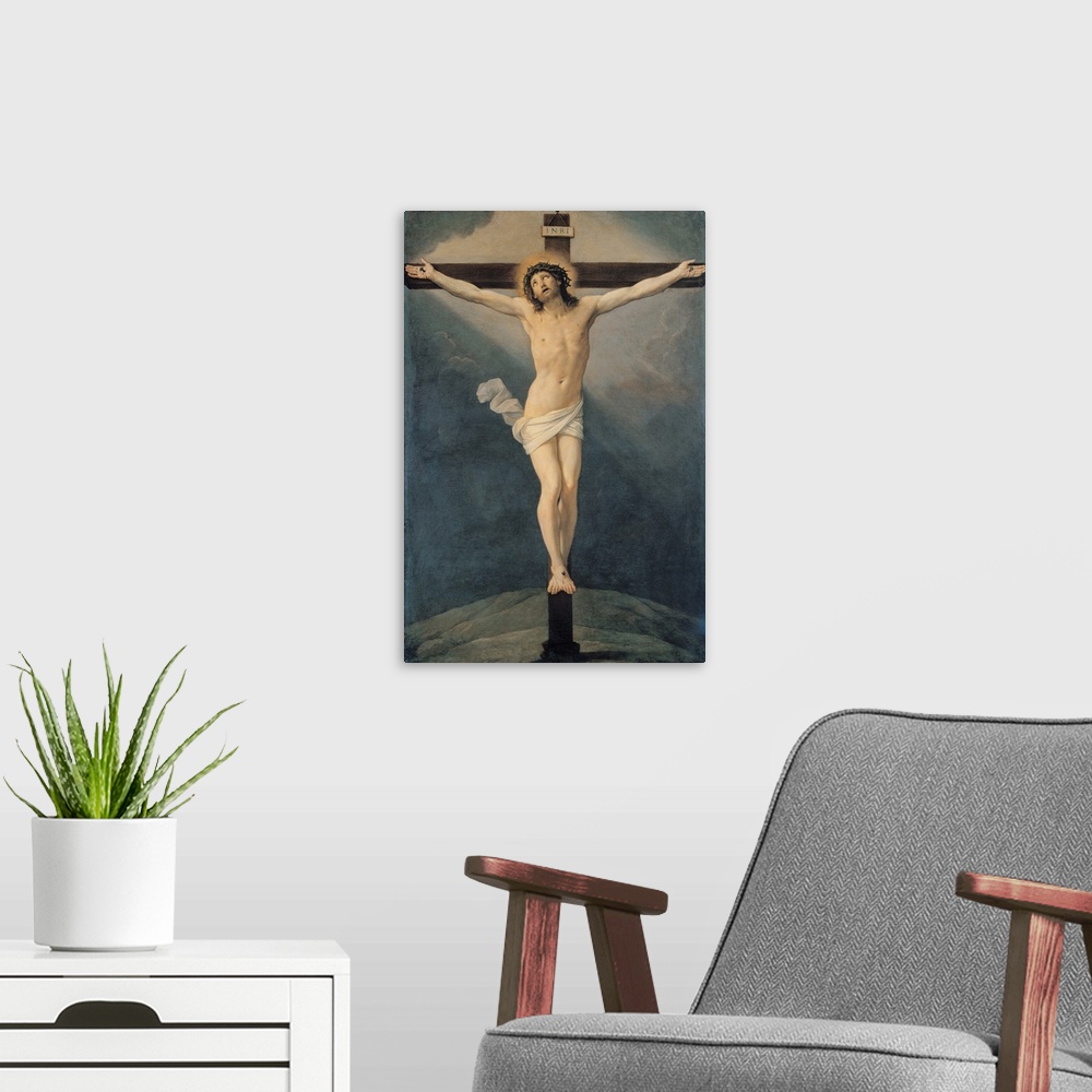 A modern room featuring Reni Guido, The Crucifixion, 17th Century, oil on canvas, Italy, Emilia Romagna, Modena, Estense ...