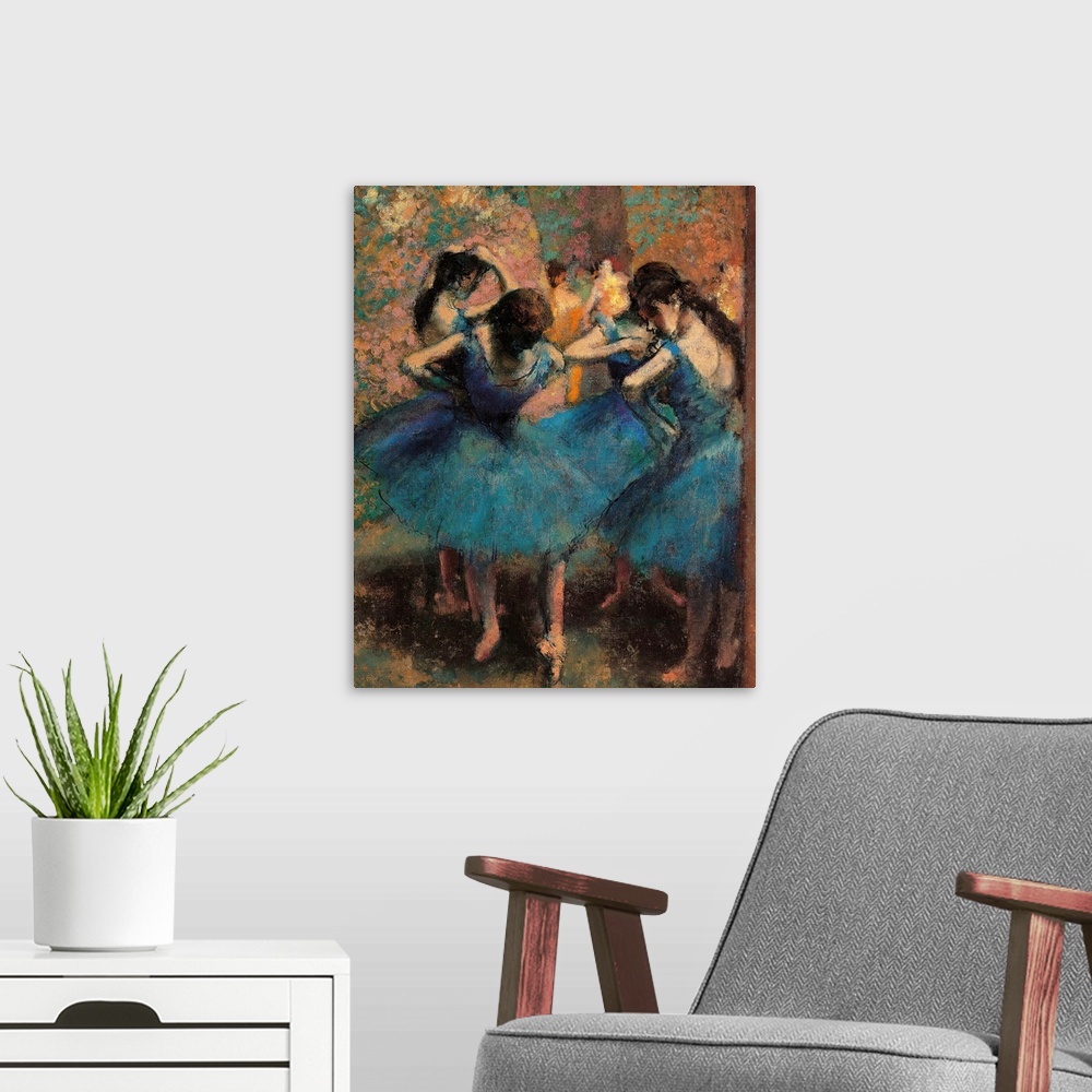 A modern room featuring Dancers in Blue (Danseuses bleues), by Edgar Degas, 1893 about, 19th Century, oil on canvas, cm 8...