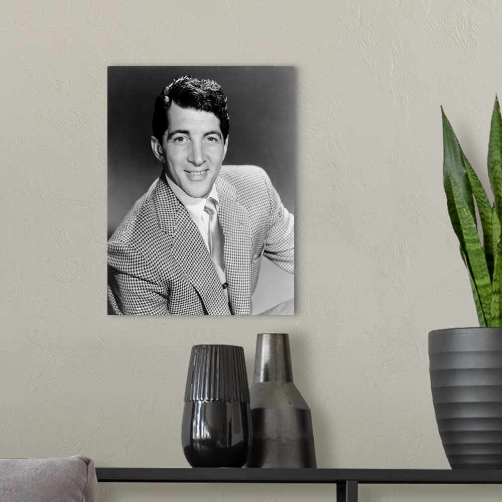 A modern room featuring Black and white photograph of Dean Martin.