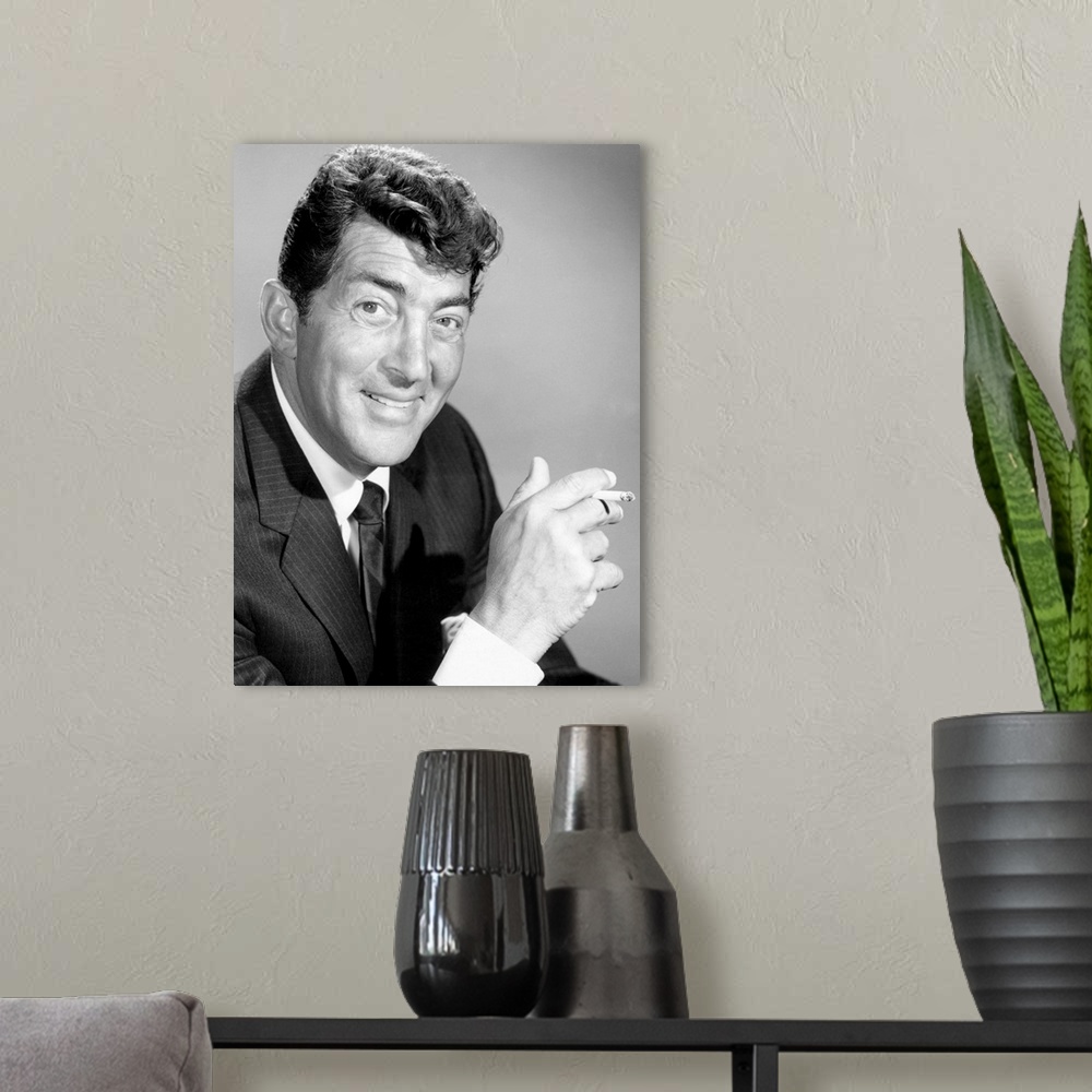 A modern room featuring Black and white photograph of Dean Martin.