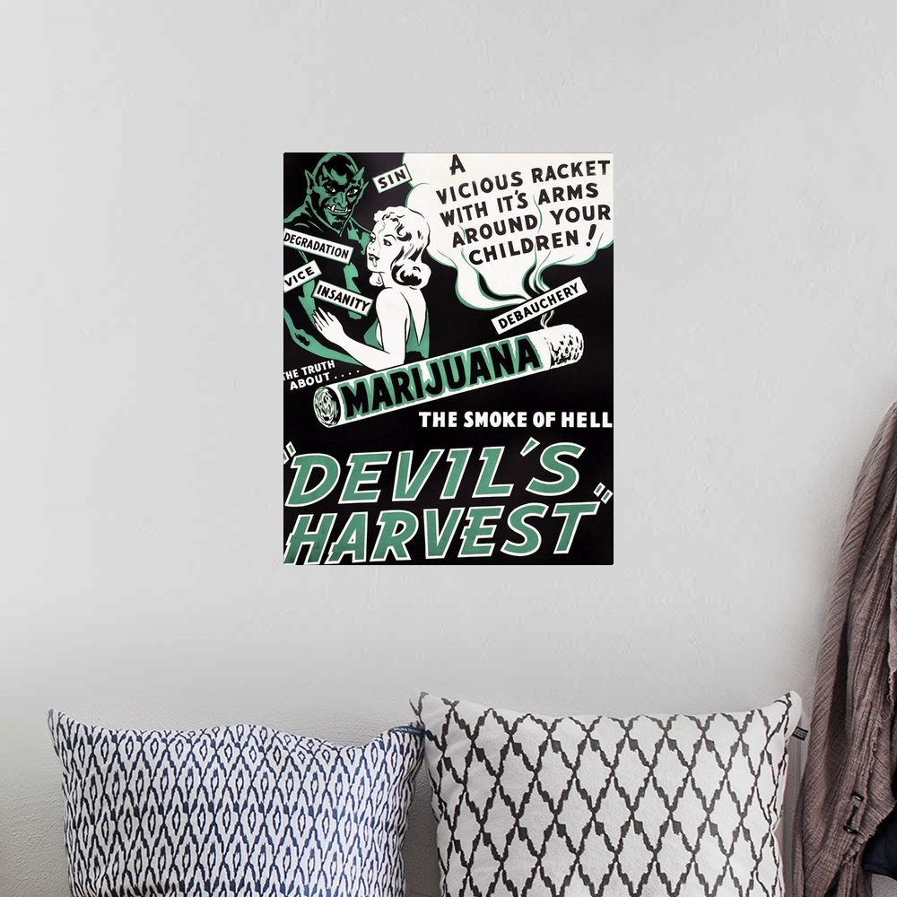 A bohemian room featuring Devil's Harvest - Vintage Movie Poster