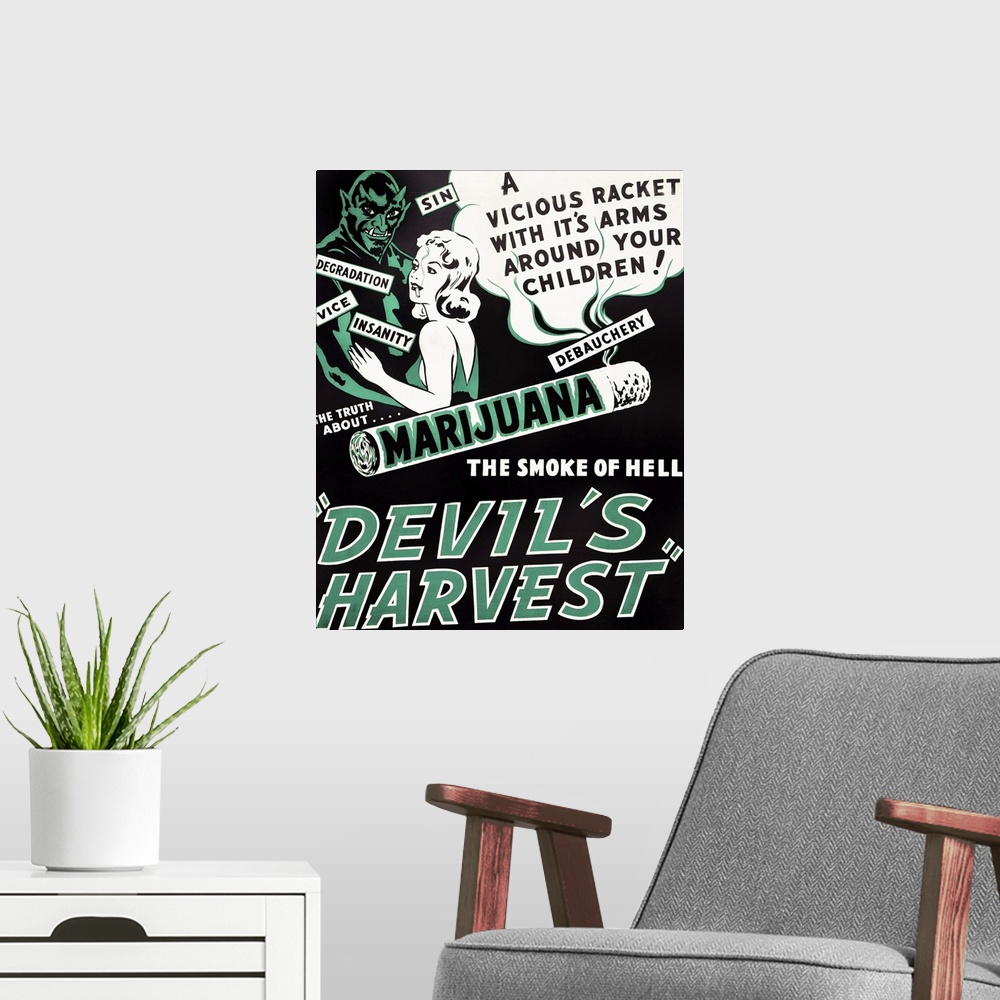 A modern room featuring Devil's Harvest - Vintage Movie Poster