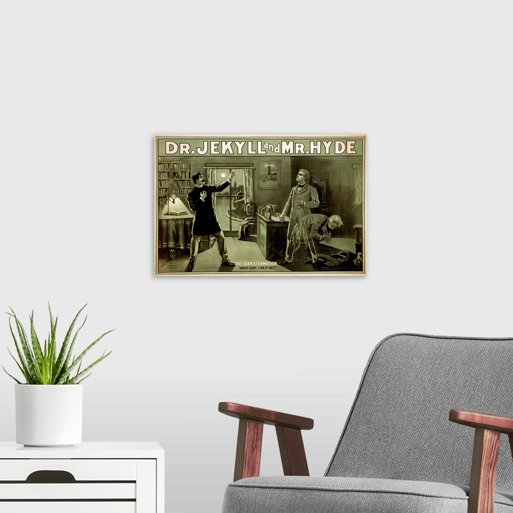 A modern room featuring Theatrical poster shows the lawyer Utterson observing the Dr. Jekyll undergoing metamorphosis int...