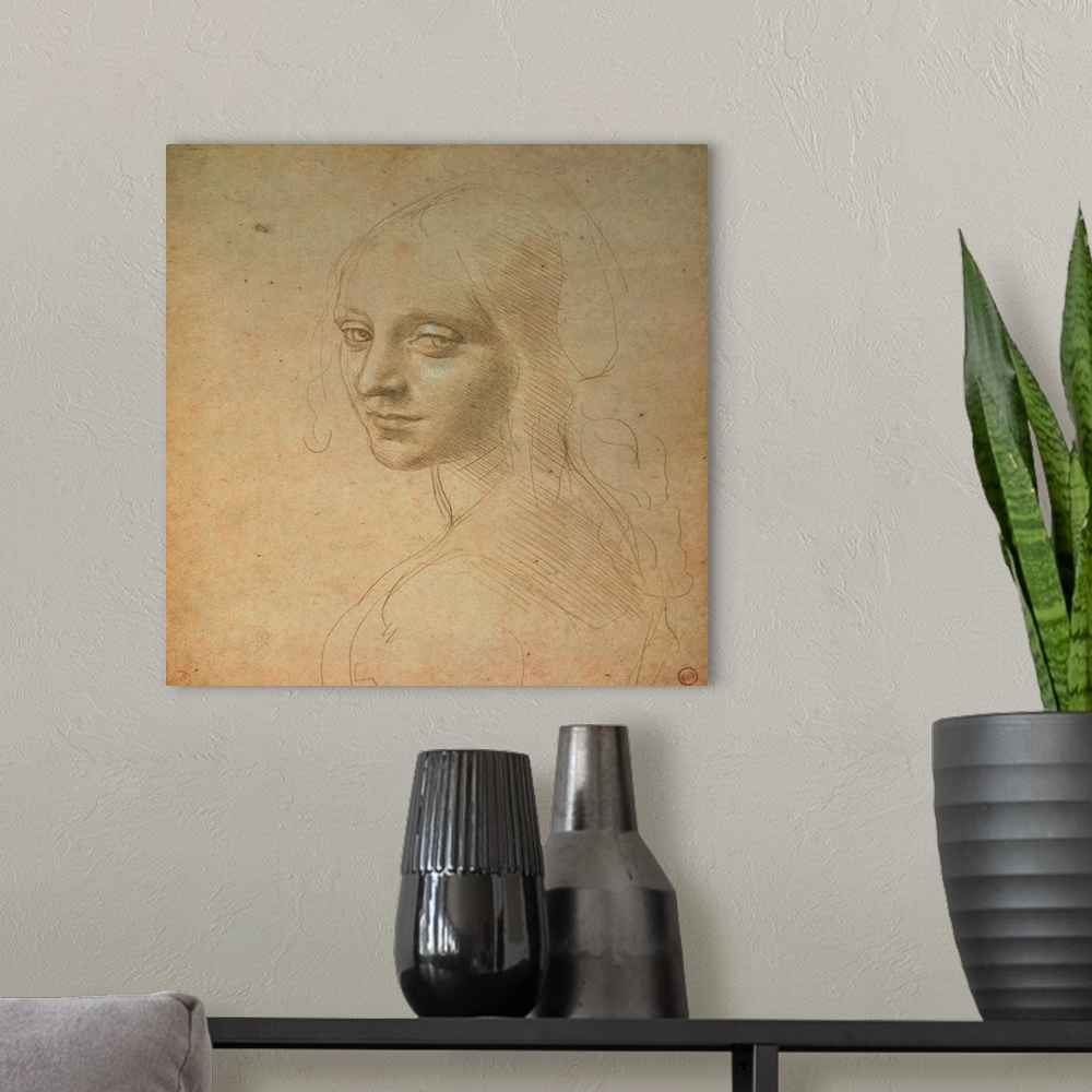 A modern room featuring Portrait of a Girl, by Leonardo da Vinci, 15th Century, 1483 -1484 about, metal point (probably g...