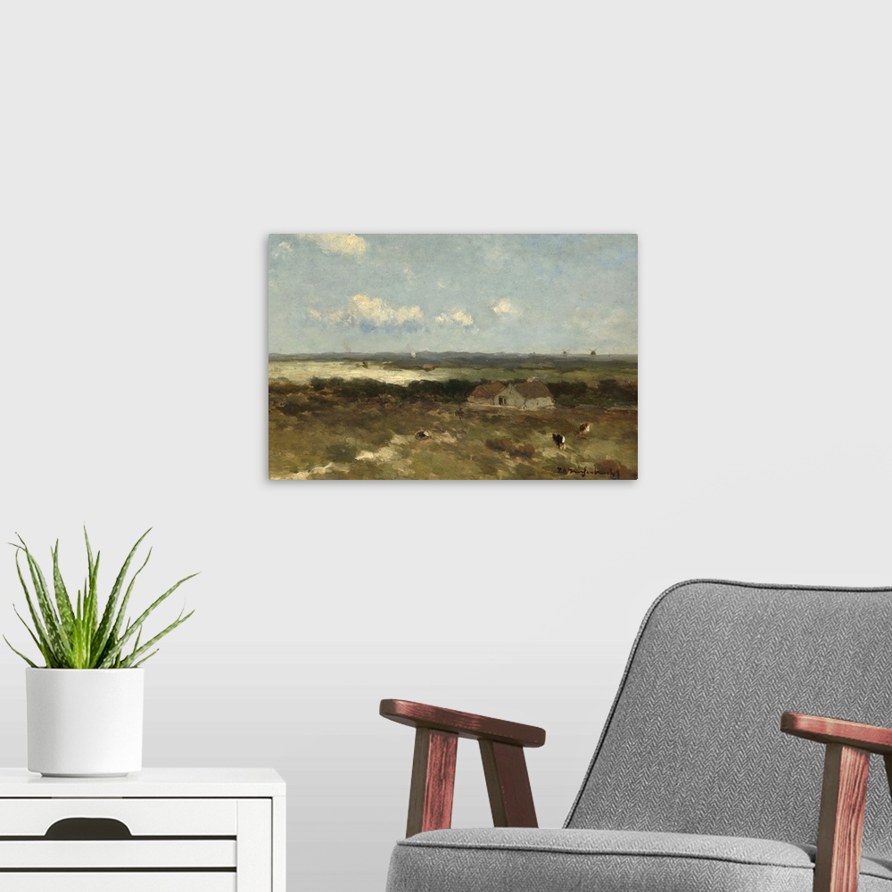 A modern room featuring Dune landscape, Johan Hendrik Weissenbruch, 1870-96, Dutch painting, oil on panel. Coastal farm h...