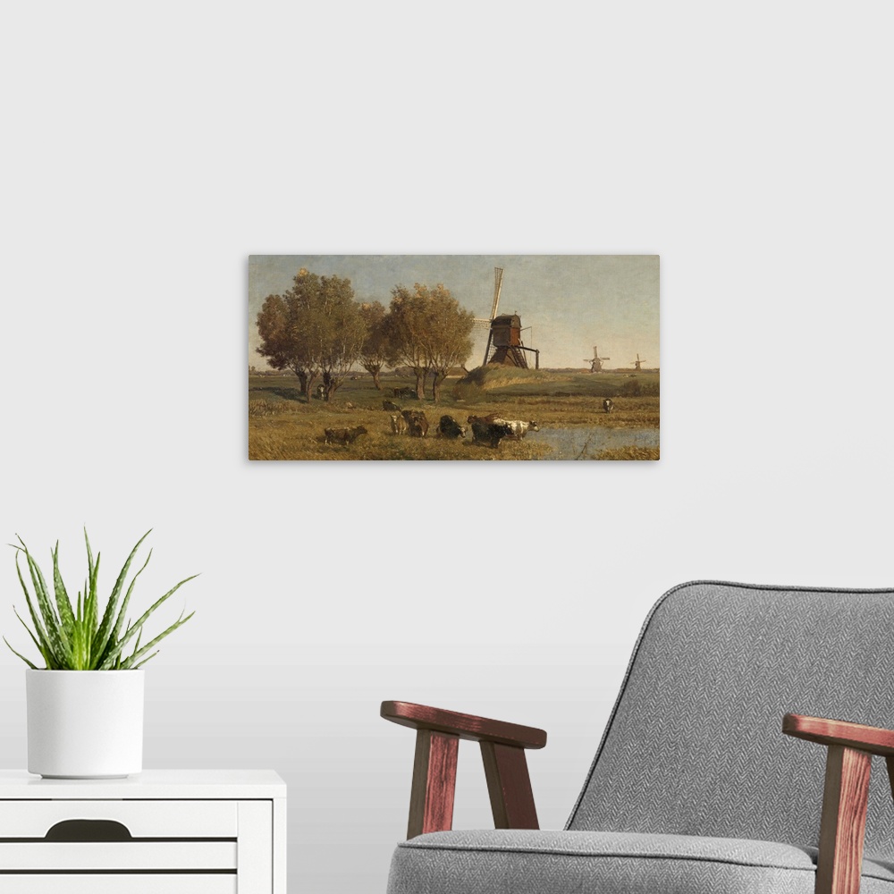 A modern room featuring Dutch Polder Landscape near Abcoude, by Paul Gabriel, c. 1877, Dutch painting, oil on canvas. Thr...