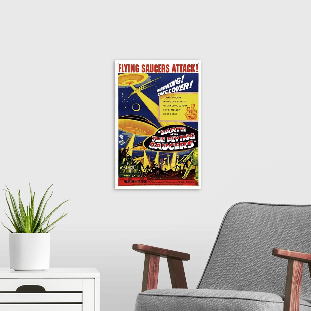 A modern room featuring Earth Vs. The Flying Saucers - Vintage Movie Poster