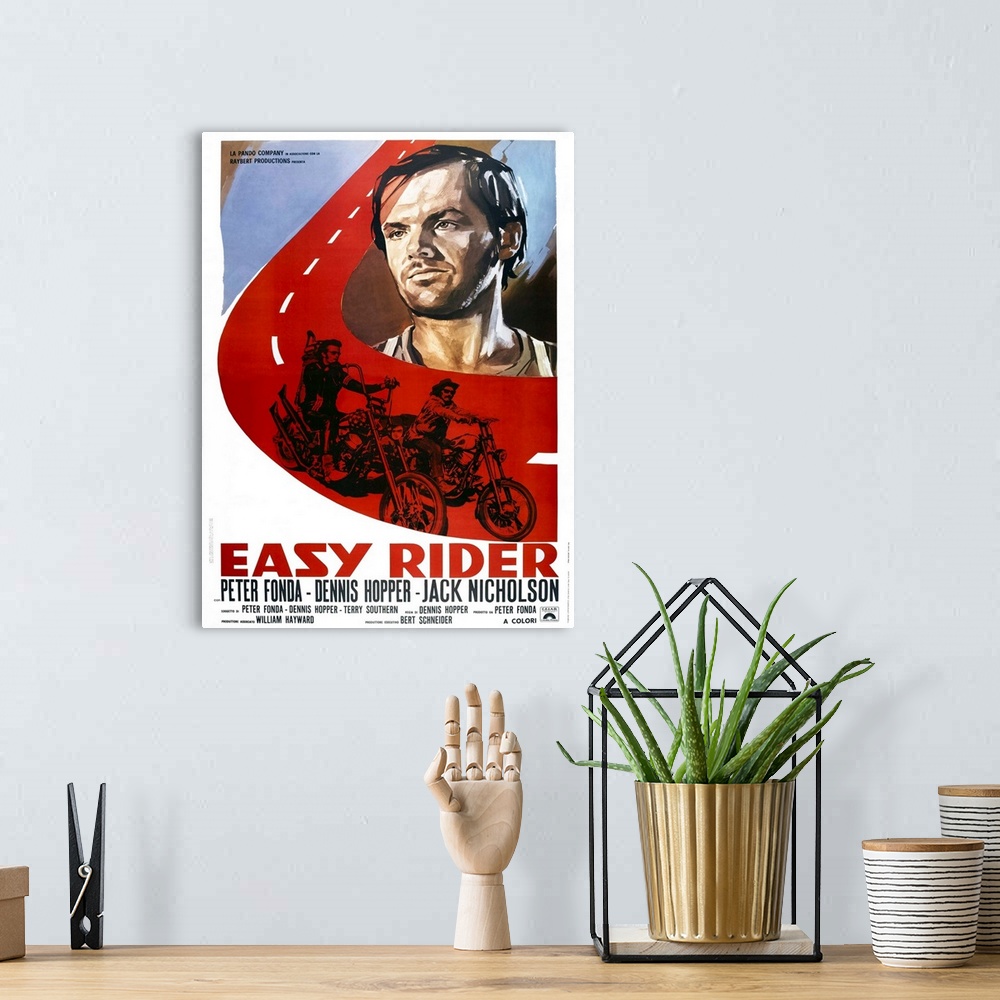 A bohemian room featuring Easy Rider, Italian Poster Art, From Top: Jack Nicholson, Peter Fonda, Dennis Hopper, 1969.