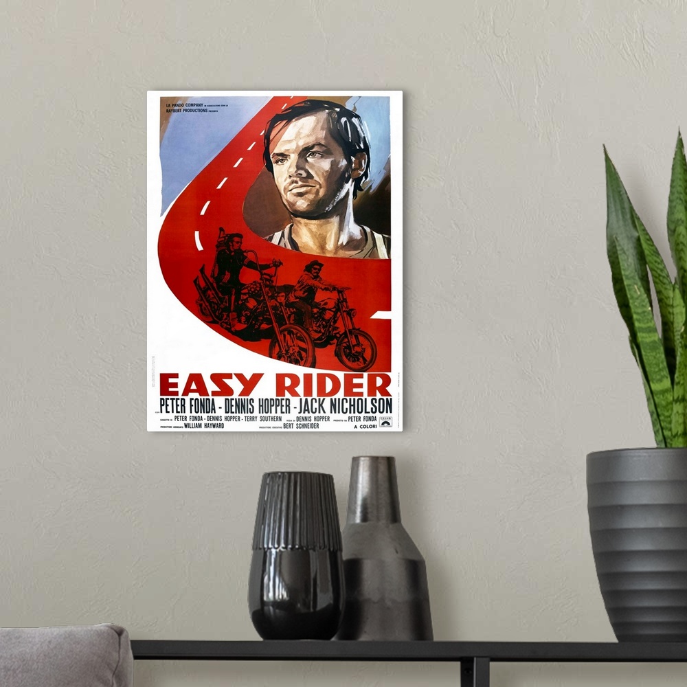 A modern room featuring Easy Rider, Italian Poster Art, From Top: Jack Nicholson, Peter Fonda, Dennis Hopper, 1969.
