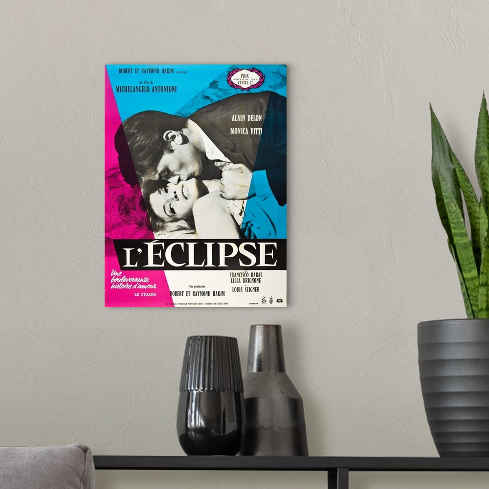 A modern room featuring Eclipse, (aka L'Eclipse, From Top: Alain Delon, Monica Vitti On French Poster Art, 1962.