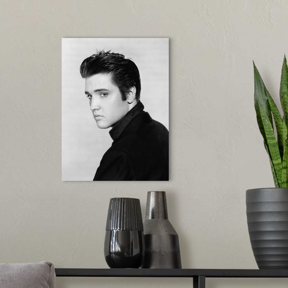 A modern room featuring Black and white photograph of Elvis Presley.