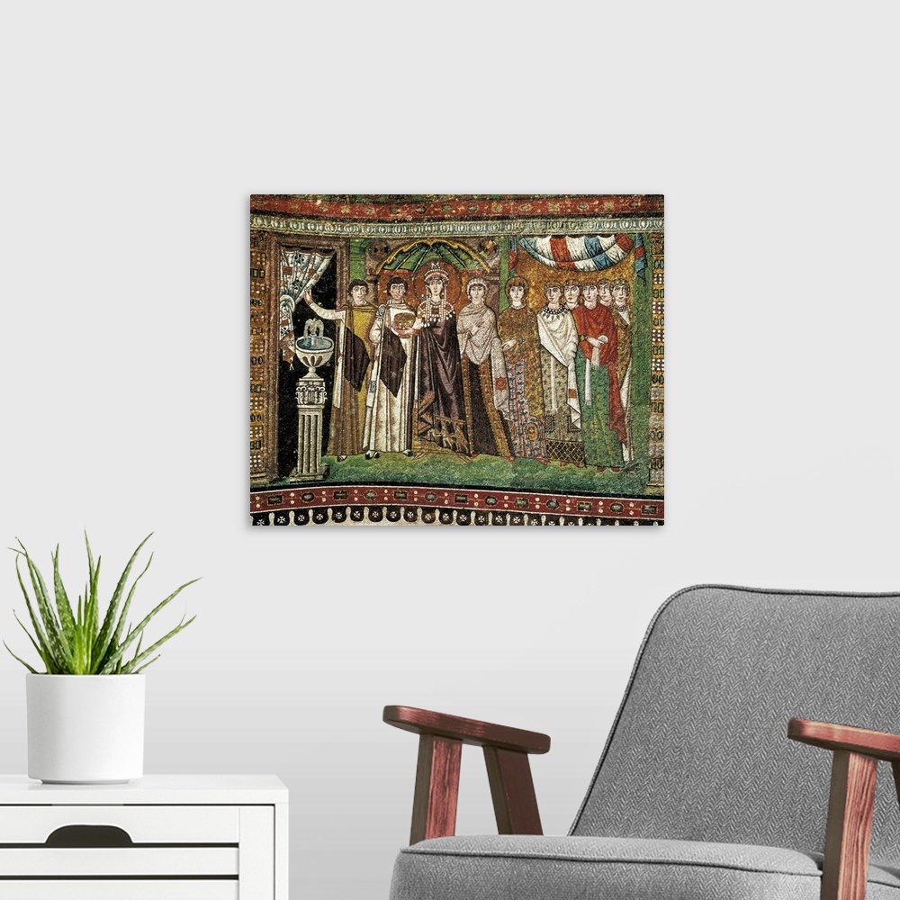 A modern room featuring Empress Theodora and her court, early Byzantine art