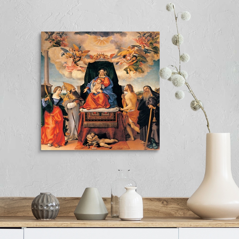 A farmhouse room featuring Lotto Lorenzo, AltarPiece of Santo Spirito (Enthroned Madonna with St Catherine, St Augustine, St...