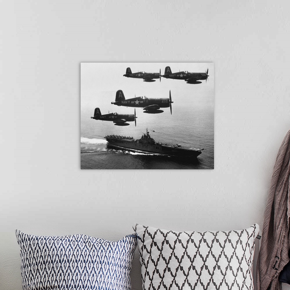 A bohemian room featuring F4U'S (Corsairs) Returning From Combat Mission Over North Korea To USS Boxer