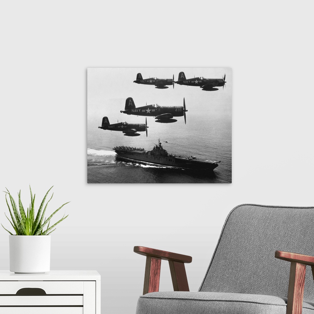 A modern room featuring F4U'S (Corsairs) Returning From Combat Mission Over North Korea To USS Boxer