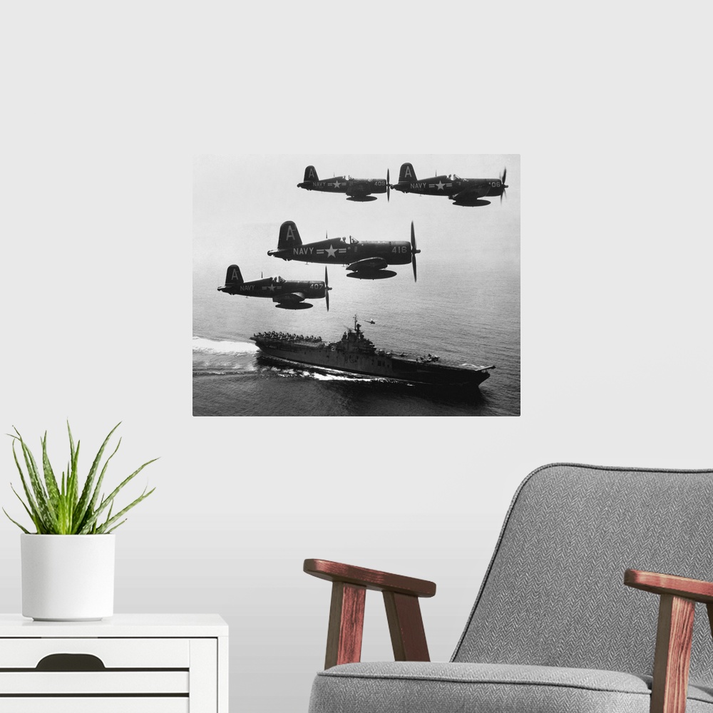 A modern room featuring F4U'S (Corsairs) Returning From Combat Mission Over North Korea To USS Boxer