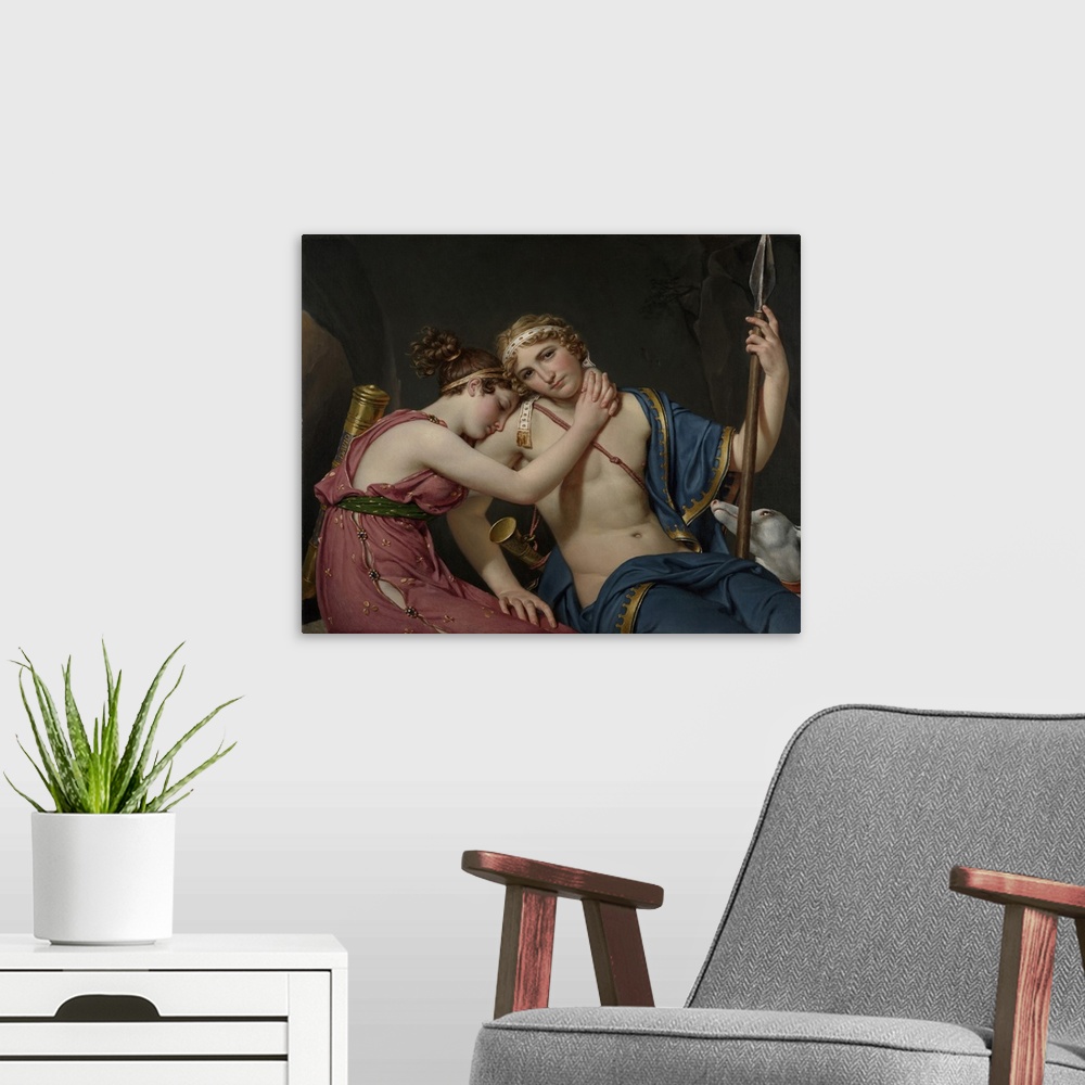 A modern room featuring Farewell of Telemachus and Eucharis, by Jacques-Louis David, 1818, French painting, oil on canvas...