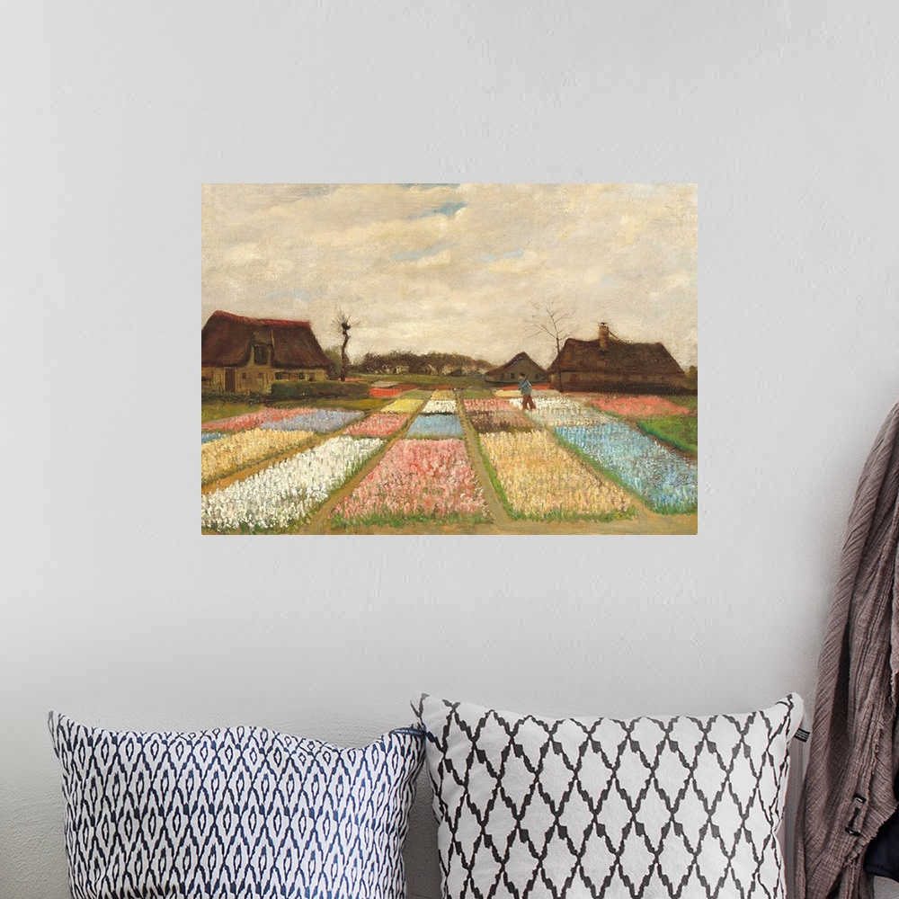 A bohemian room featuring Flower Beds in Holland, by Vincent van Gogh, 1883, Dutch Post-Impressionist painting, oil on canv...