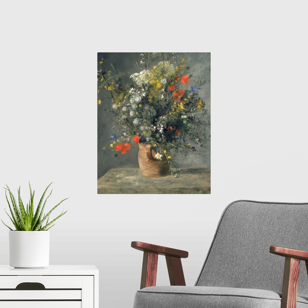 A modern room featuring Flowers in a Vase, by Auguste Renoir, 1866, French impressionist painting, oil on canvas. This an...