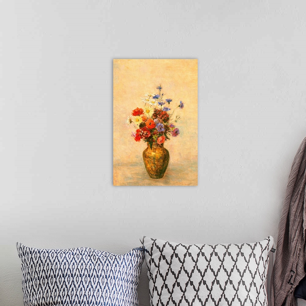A bohemian room featuring Flowers in a Vase, by Odilon Redon, 1910, French painting, oil on canvas. This bouquet of flowers...