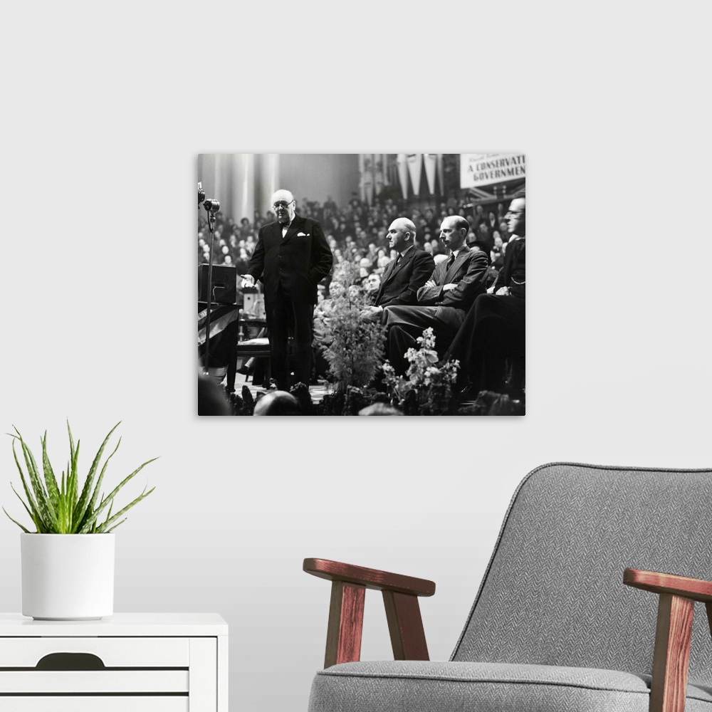 A modern room featuring Former Prime Minister Winston Churchill opening General Election campaign at Leeds, Feb. 5, 1950....