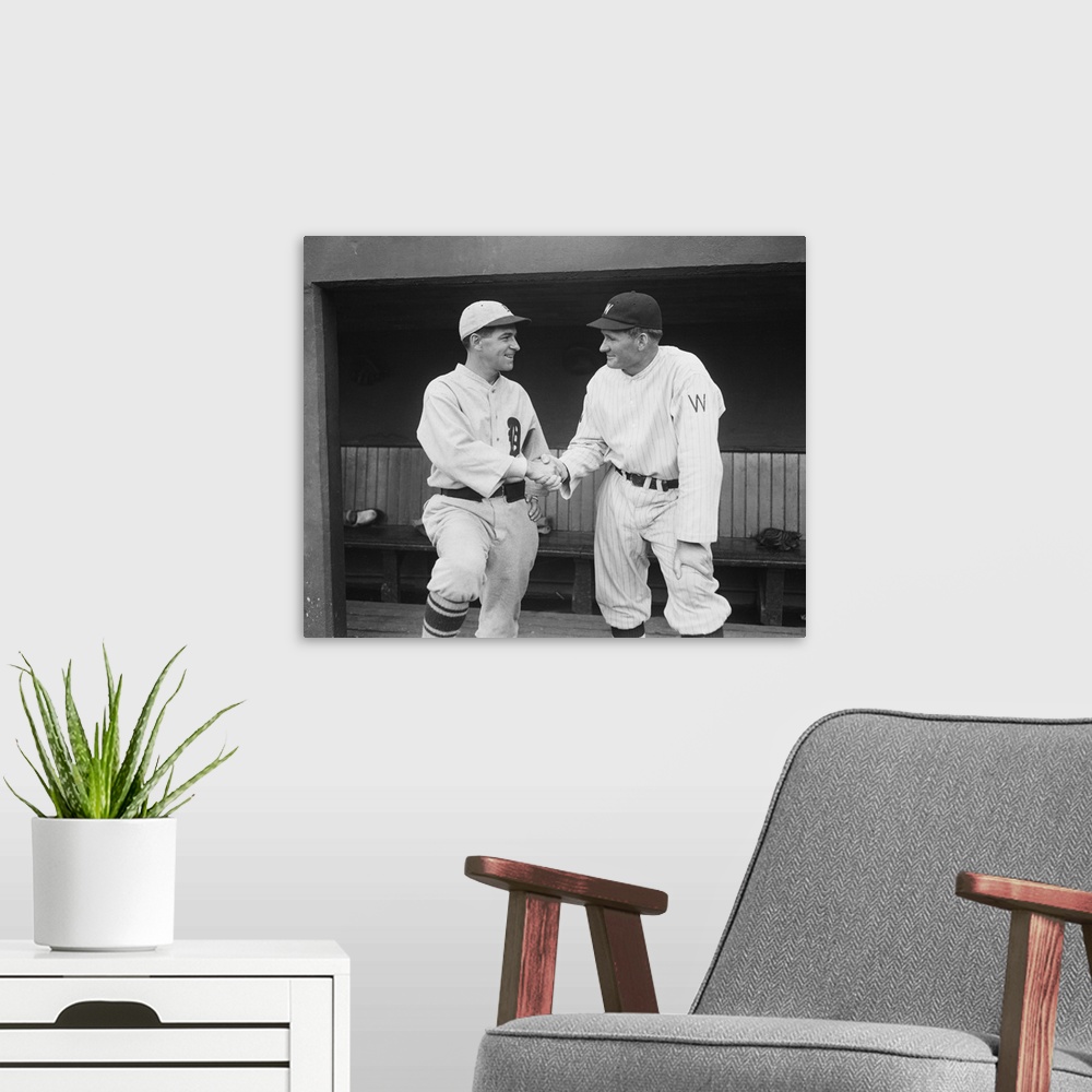 A modern room featuring Former teammates Walter Johnson and Bucky Harris meet as managers of opposing baseball teams. Buc...