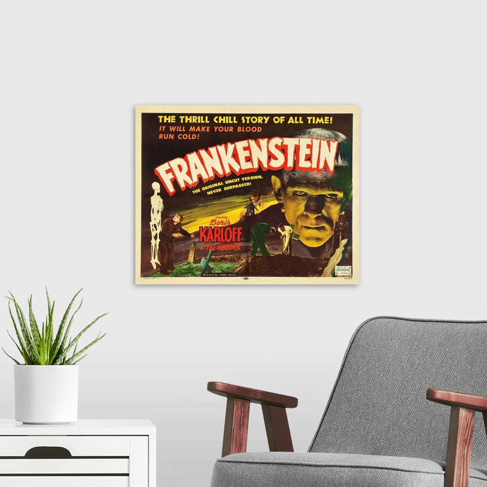 A modern room featuring Frankenstein, L-R: Dwight Frye, Dwight Frye, Colin Clive, Boris Karloff On 1951 Re-Release Title ...