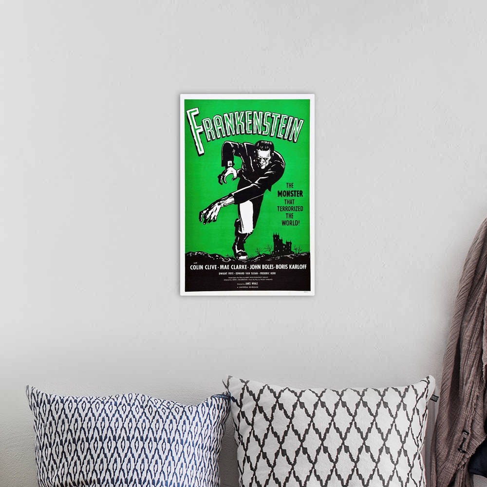 A bohemian room featuring Frankenstein - Vintage Movie Poster