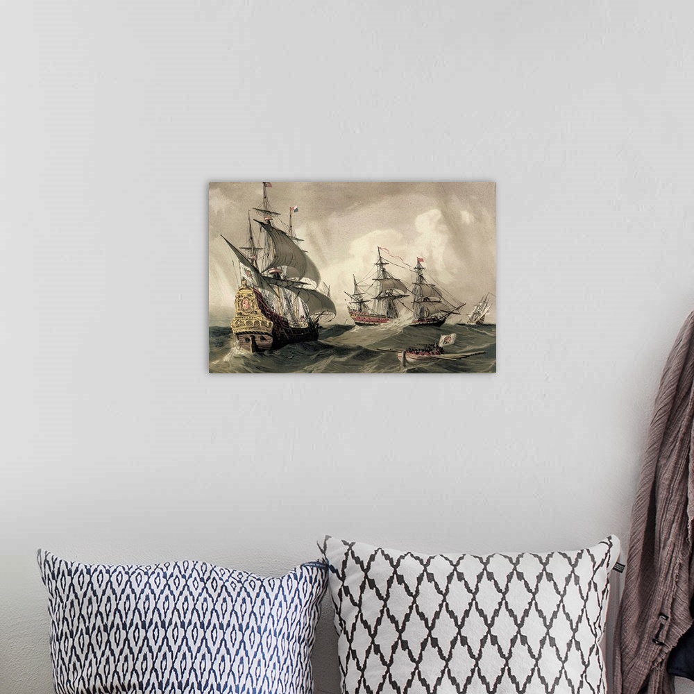 A bohemian room featuring Galleons and other spanish sailing ships of the 17th century. Painting. SPAIN. Barcelona. Sant Jo...