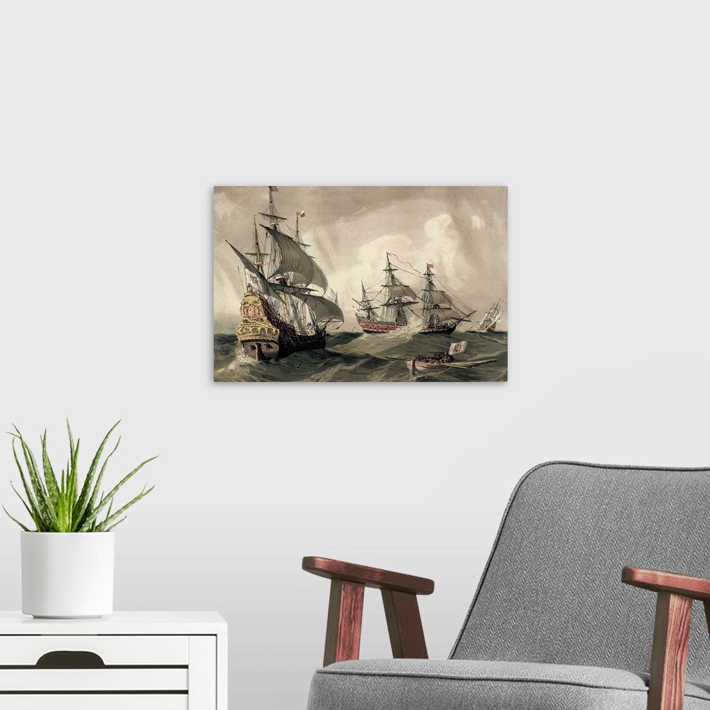 A modern room featuring Galleons and other spanish sailing ships of the 17th century. Painting. SPAIN. Barcelona. Sant Jo...