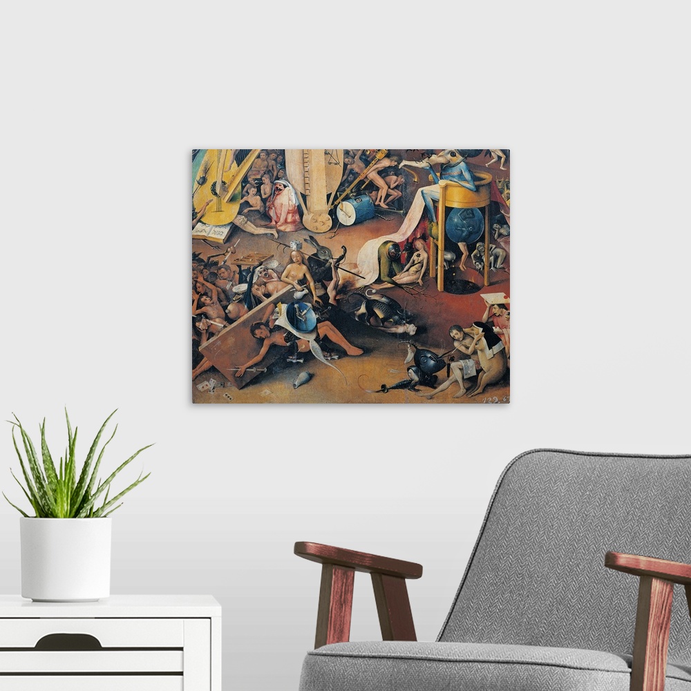 A modern room featuring Garden of Earthly Delights - Hell Music, by Van Aeken Joren Anthoniszoon known as Bosch Hieronymu...