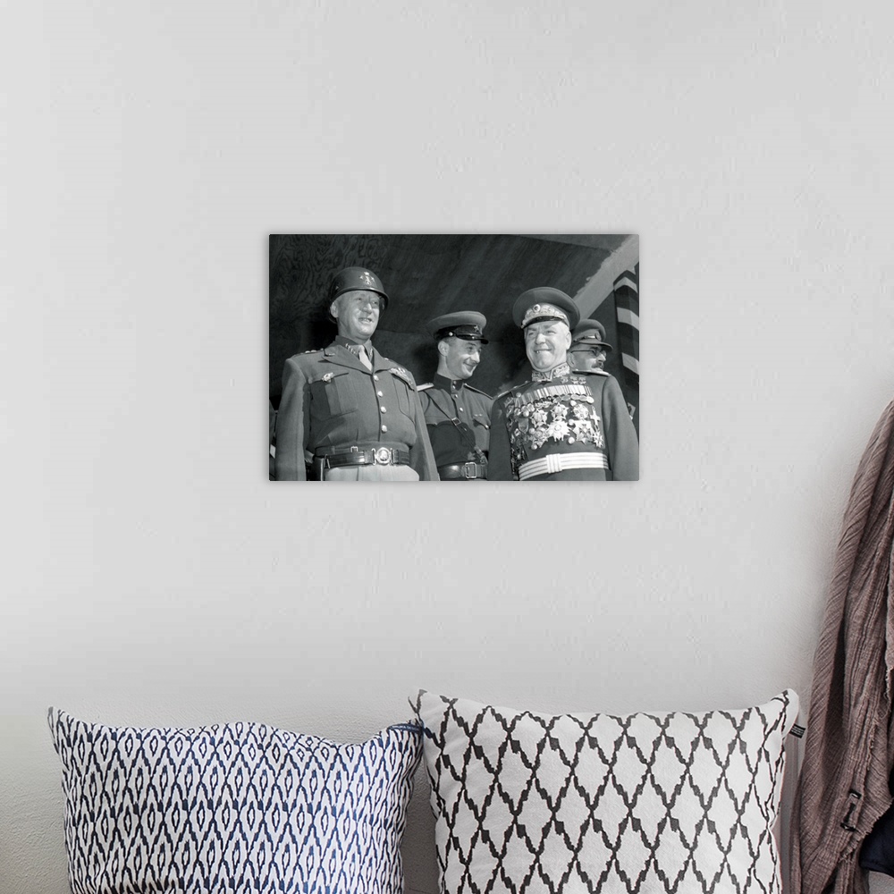 A bohemian room featuring General George S. Patton (Left) And Soviet Marshall Gregory Zhukov Review Troops In Berl