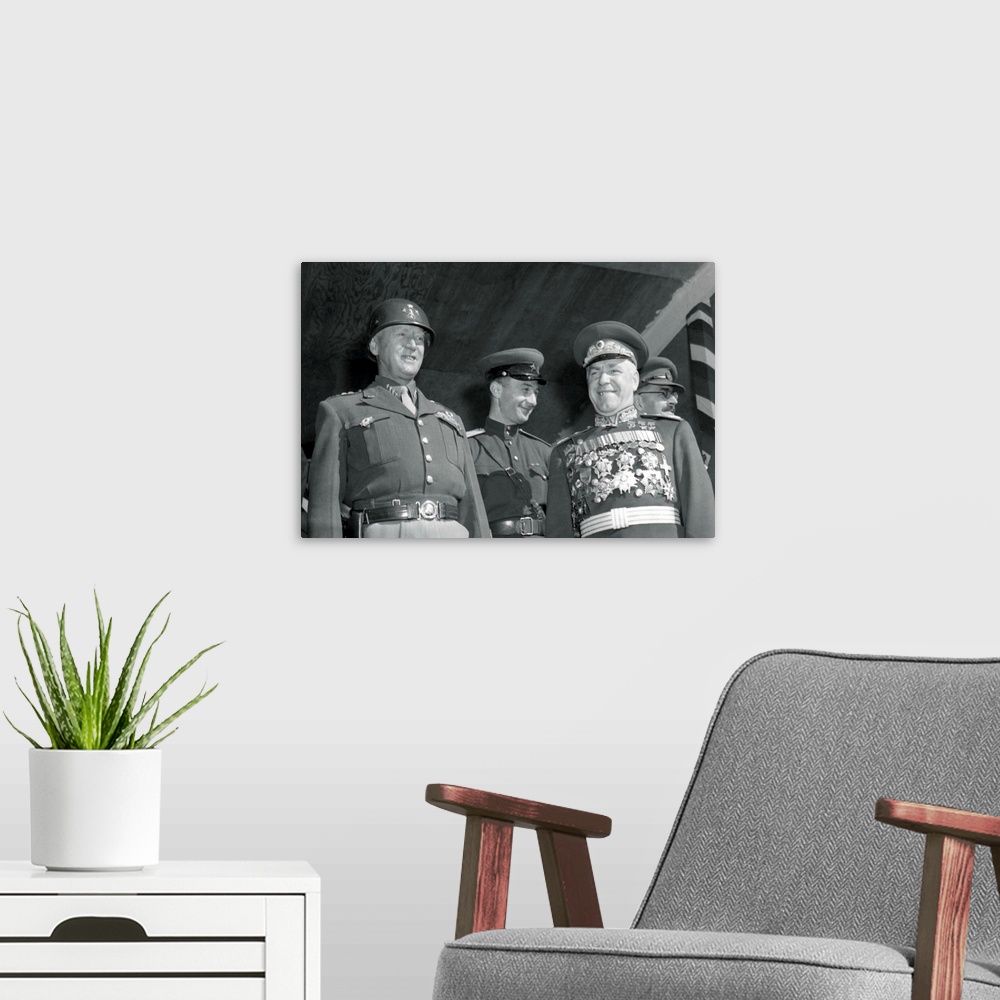 A modern room featuring General George S. Patton (Left) And Soviet Marshall Gregory Zhukov Review Troops In Berl