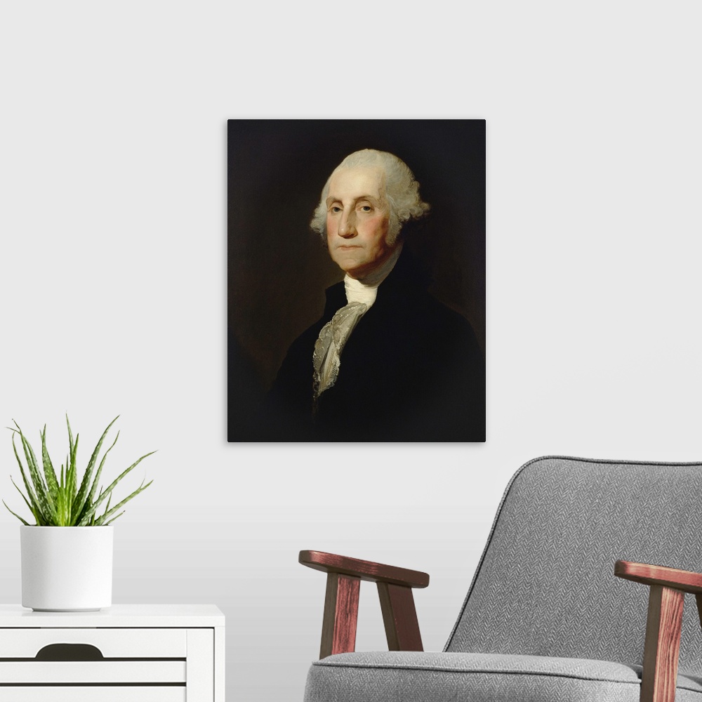A modern room featuring George Washington, by Gilbert Stuart, c. 1803-05, American painting, oil on canvas. In 1796 Washi...