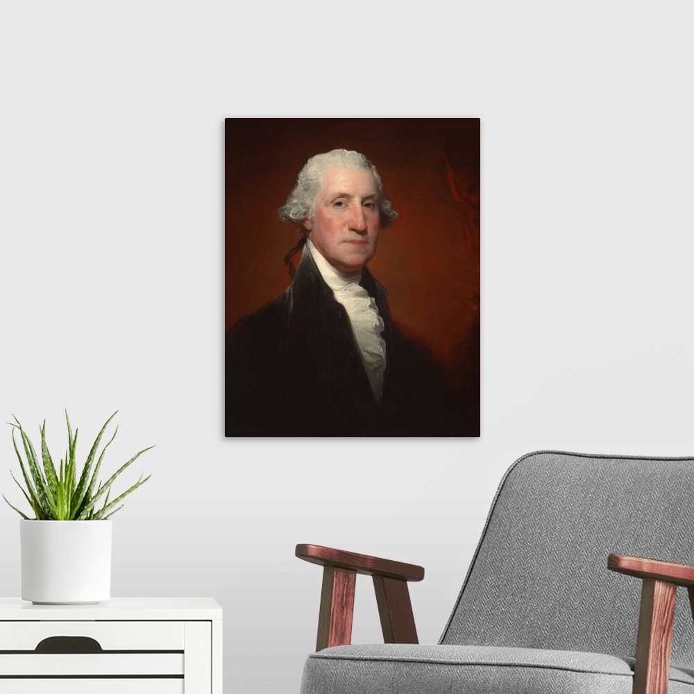A modern room featuring George Washington, by Gilbert Stuart (Vaughan-Sinclair portrait), 1795, American painting, oil on...