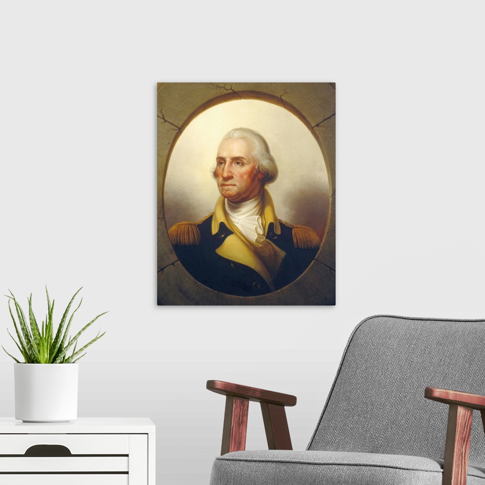 A modern room featuring George Washington, by Rembrandt Peale, c. 1850, American painting, oil on canvas. Over two decade...